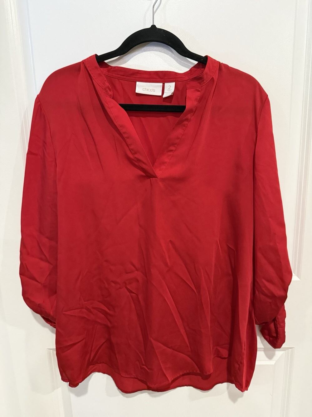 Chicos Blouse Sz 2 Large Womens Red Roll Tab Poly Long Sleeve Shirt Top